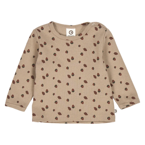 Beige long-sleeve shirt with brown acorn pattern on a white background