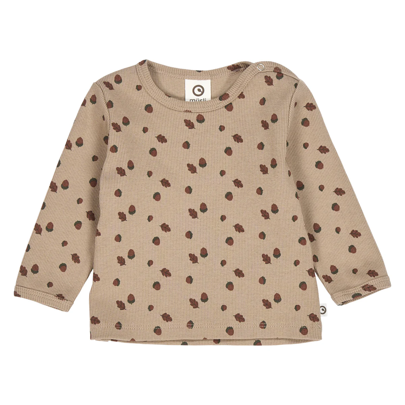 Beige long-sleeve shirt with brown acorn pattern on a white background