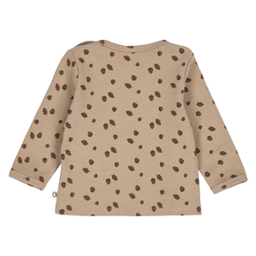 Beige long-sleeve shirt with acorn pattern on a white background