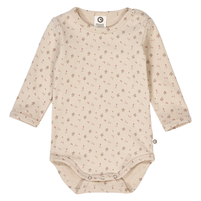 Beige baby bodysuit with floral pattern on a white background