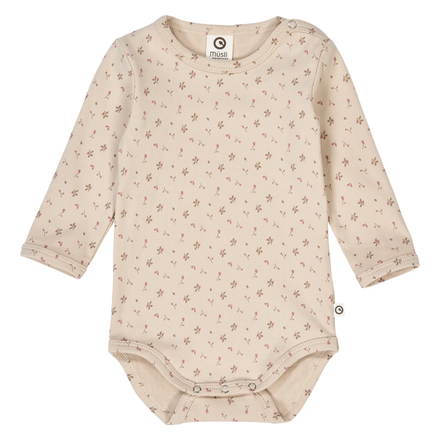 Beige baby bodysuit with floral pattern on a white background