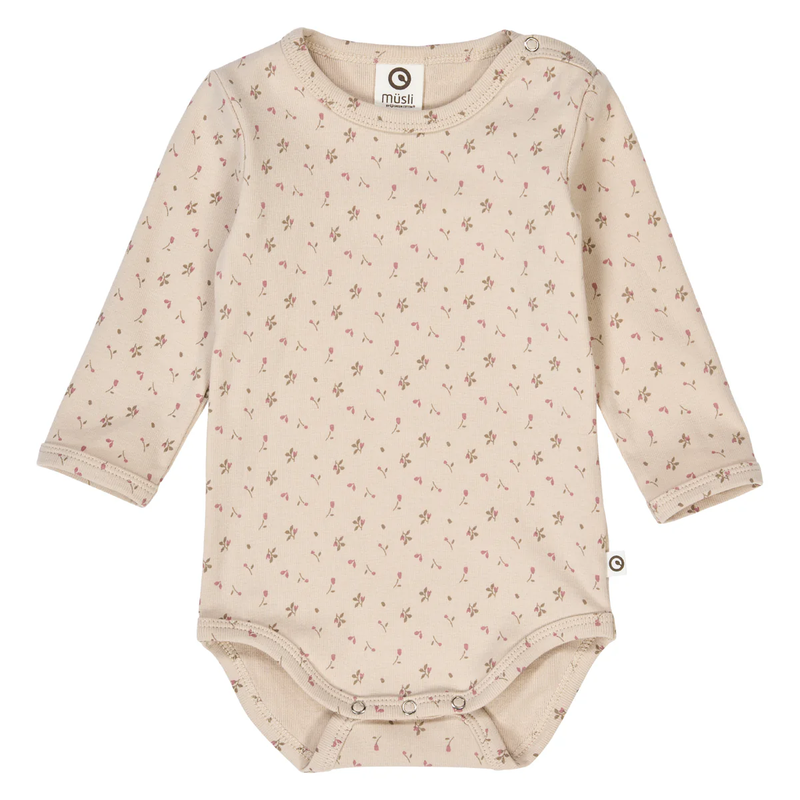 Beige baby bodysuit with floral pattern on a white background