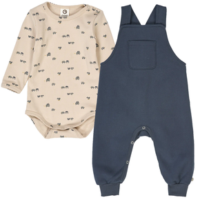 Beige baby bodysuit with car patterns and blue overalls on a white background