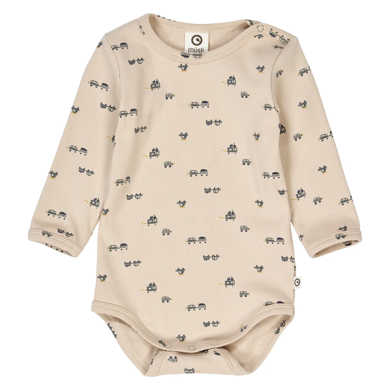 Beige baby bodysuit with small car patterns on a white background