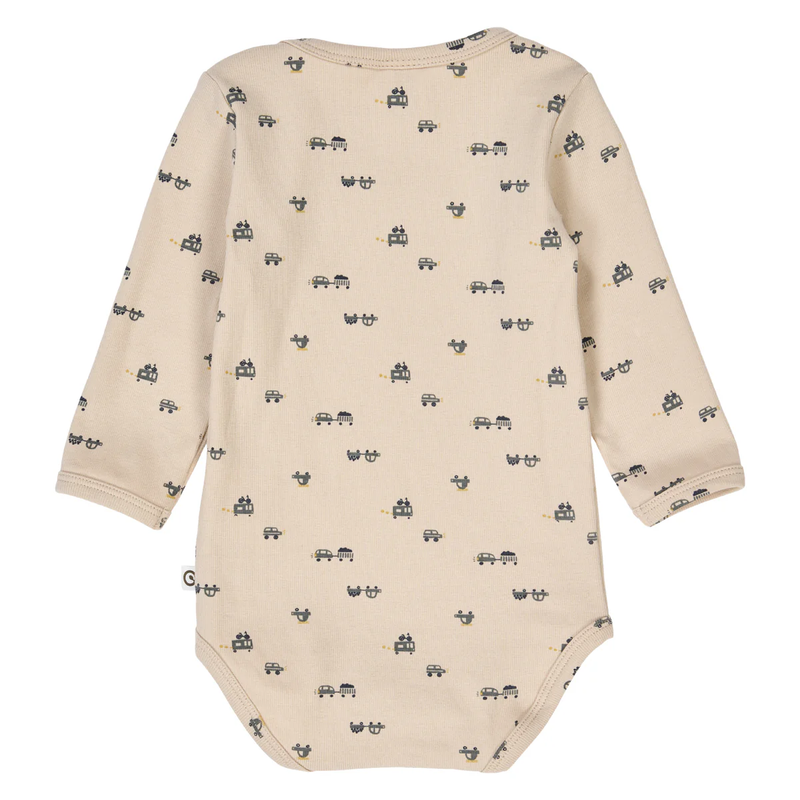 Beige baby bodysuit with small car pattern on a white background