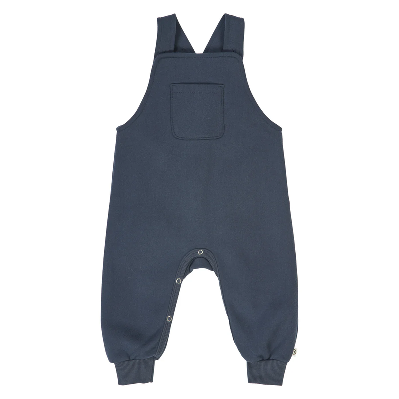 Navy blue overalls with a pocket on a white background