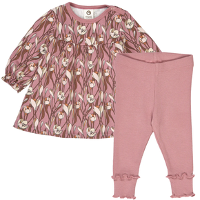 Pink floral dress and matching leggings set on a white background