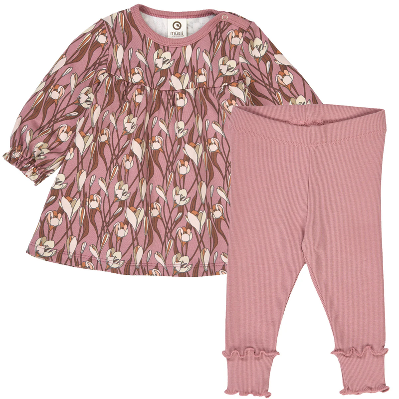 Pink floral dress and matching leggings set on a white background