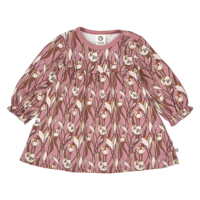Pink dress with floral pattern on a white background