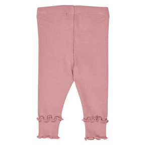 Pink ribbed baby leggings with ruffled cuffs on a white background