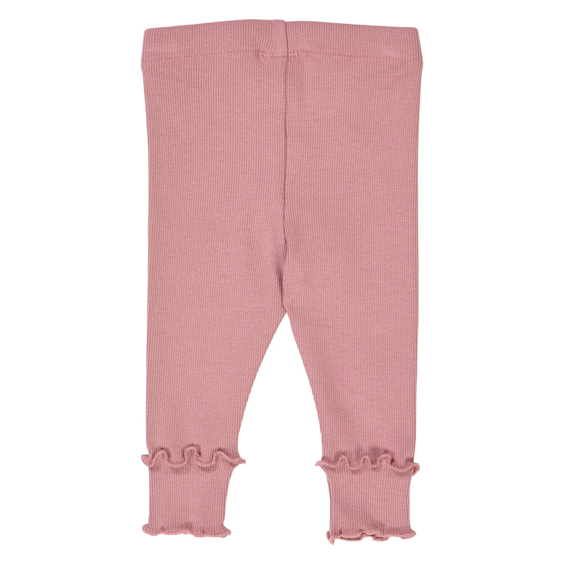 Pink ribbed baby leggings with ruffled cuffs on a white background