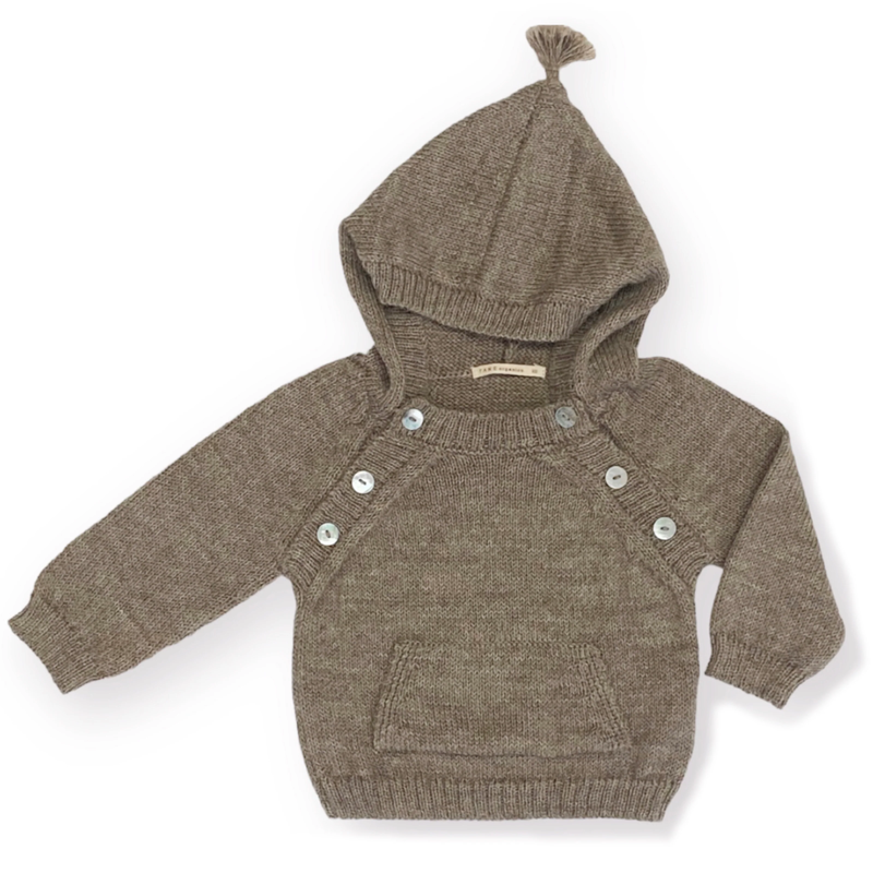 Brown knitted baby hoodie with buttons on a white background