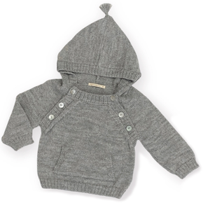 Gray baby sweater with hood and buttons on a white background