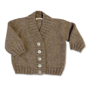 Brown knitted cardigan with buttons on a white background