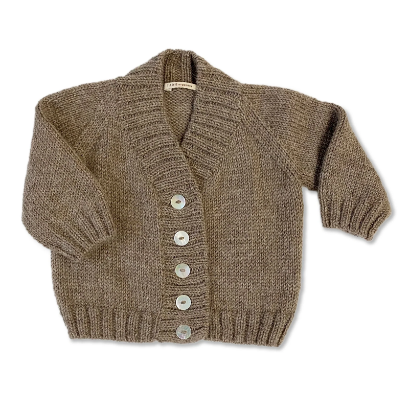 Brown knitted cardigan with buttons on a white background