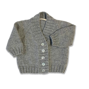 Gray knitted cardigan with buttons on a white background