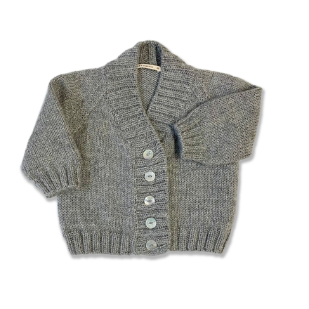 Gray knitted cardigan with buttons on a white background