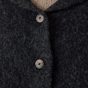 Close-up of a dark knit coat with buttons