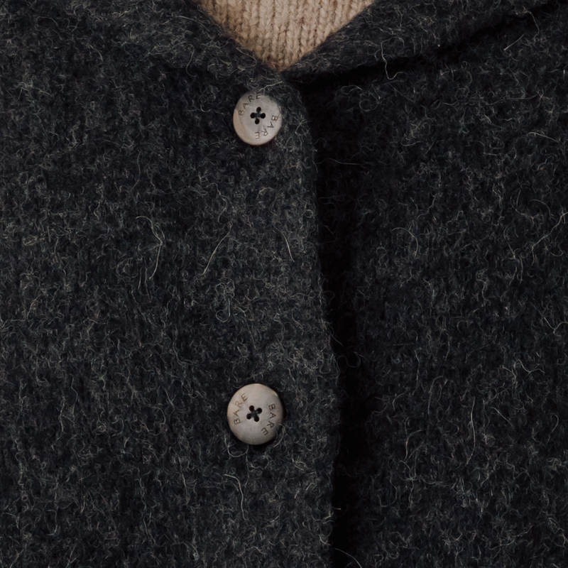 Close-up of a dark knit coat with buttons