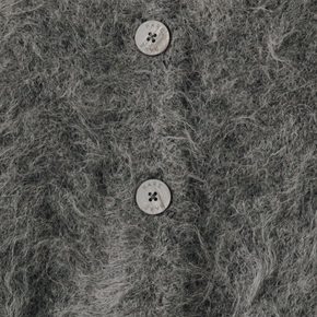 Close-up of a textured gray knit cardigan with two buttons.