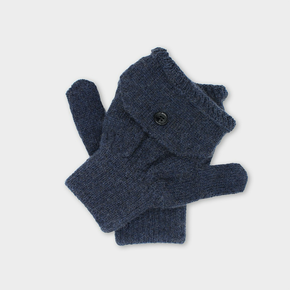 Pair of blue glittens with a button on a light gray background