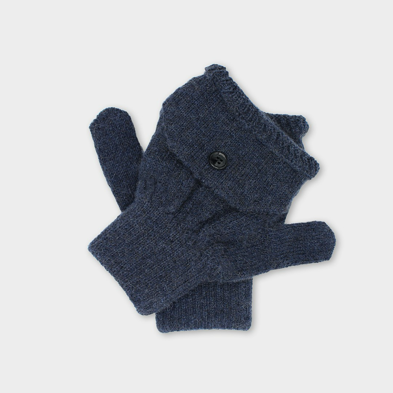Pair of blue glittens with a button on a light gray background