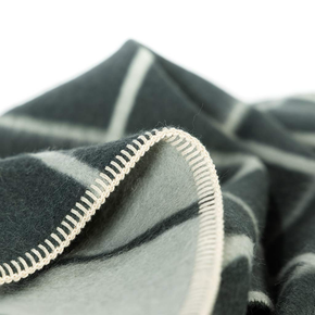 Close-up of a dark green blanket with white trim on a white background