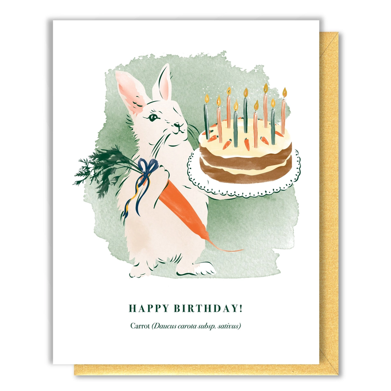 Birthday card with a rabbit holding a cake and candles, on a white background.