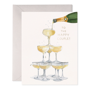 Greeting card with champagne bottle pouring into glasses and 'To the Happy Couple!' text.