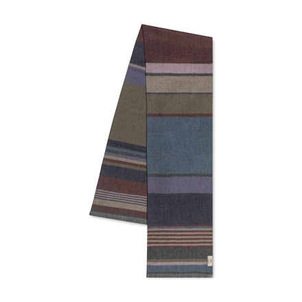 Striped scarf with brown, blue, and green colors on a white background