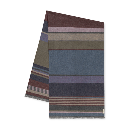 Striped shawl with a pattern of horizontal stripes in various colors on a white background