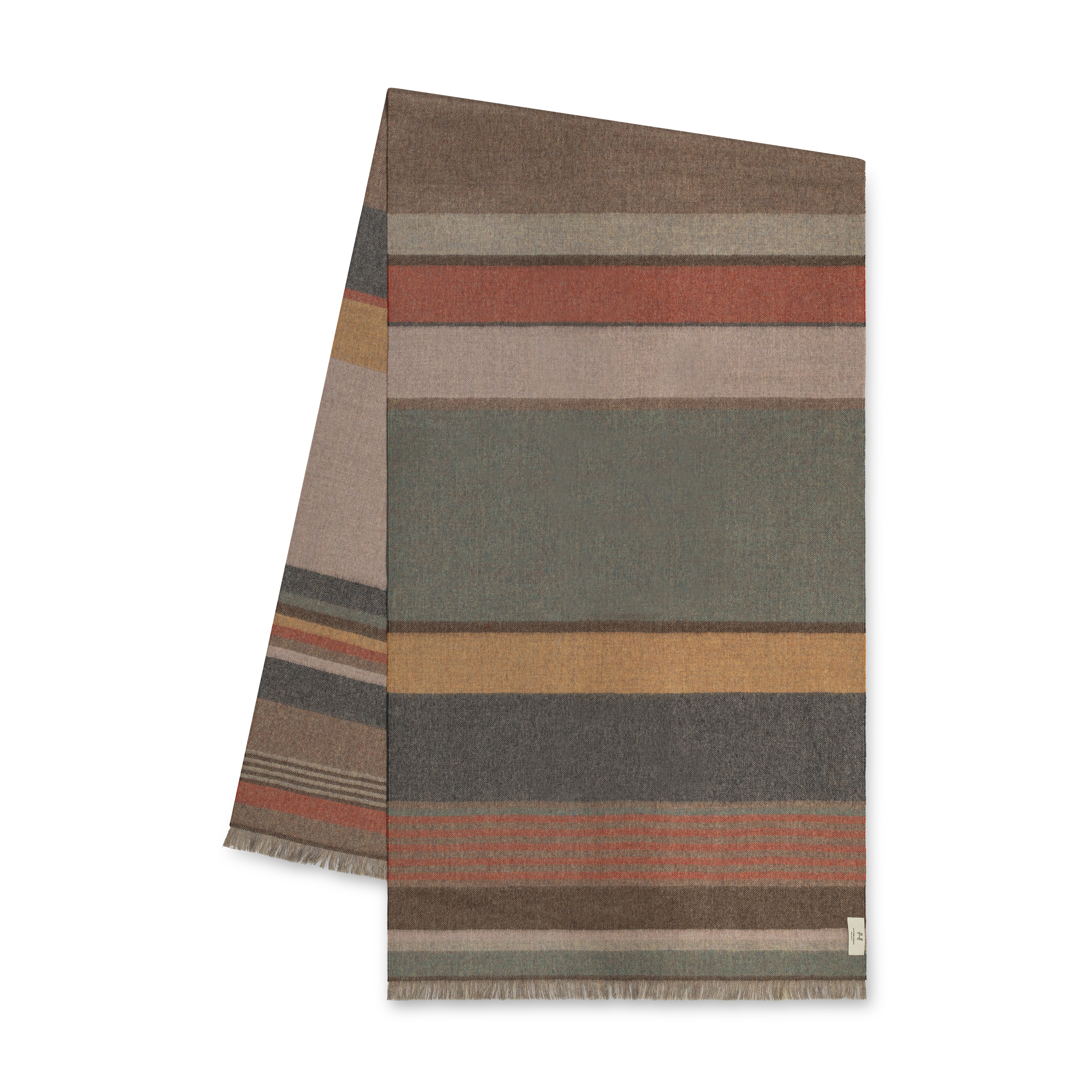 Striped shawl with earthy tones on a white background
