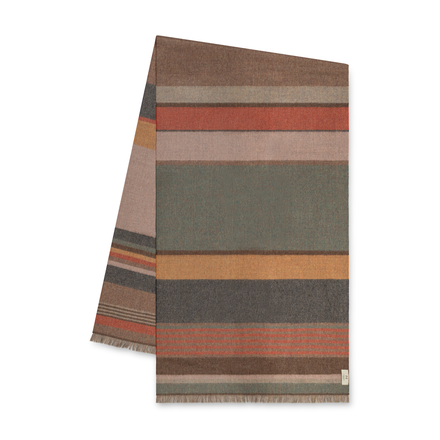 Striped shawl with earthy tones on a white background