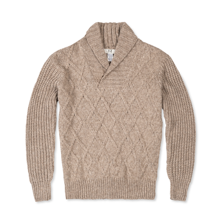 Beige cable knit sweater on a white background