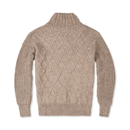 Beige cable knit sweater on a white background