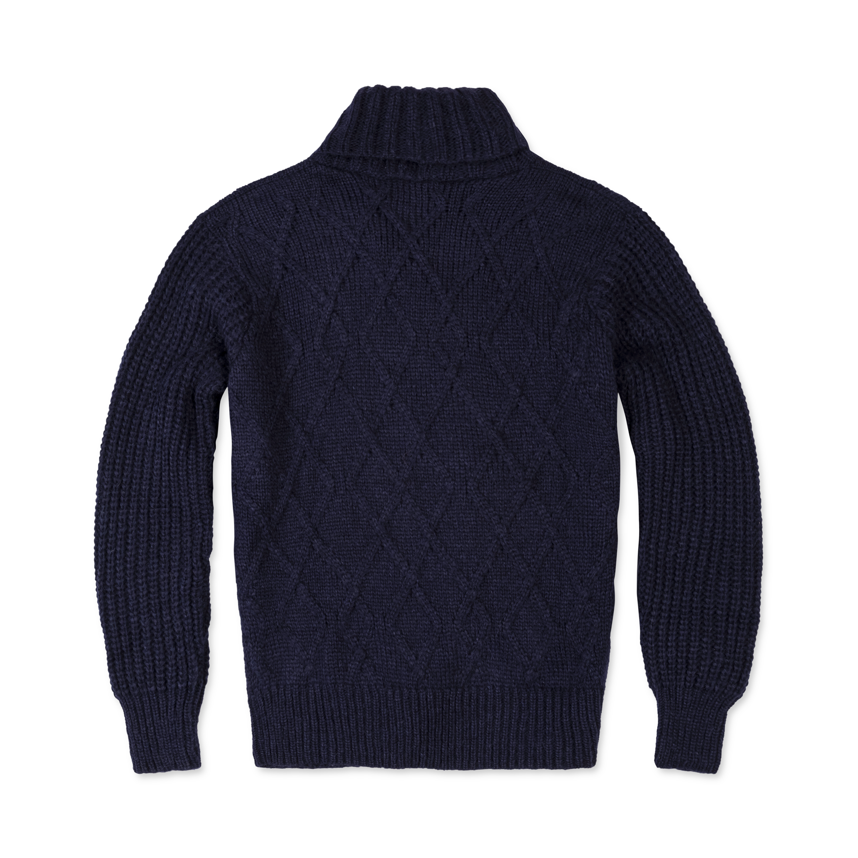 Navy blue cable knit sweater on a white background