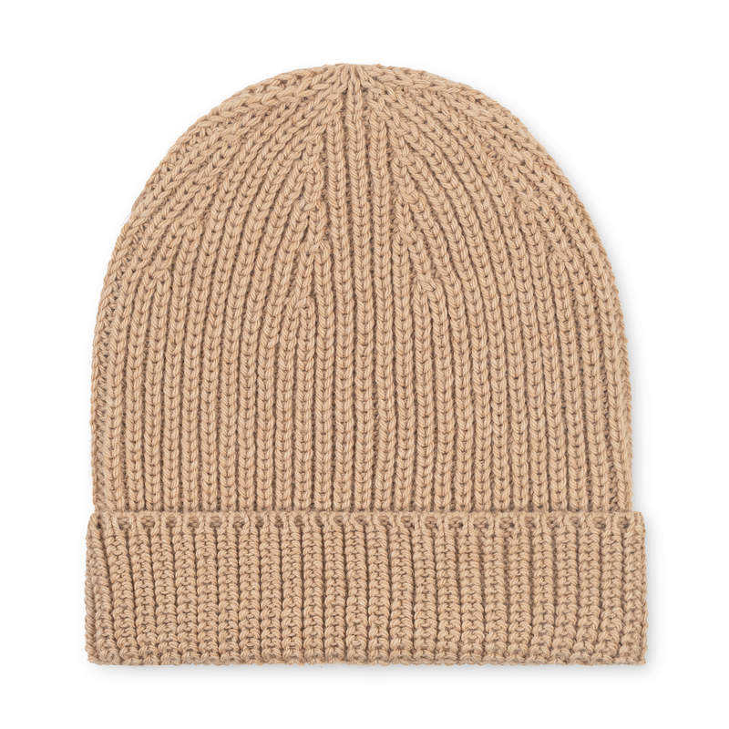 Beige knit beanie on a white background