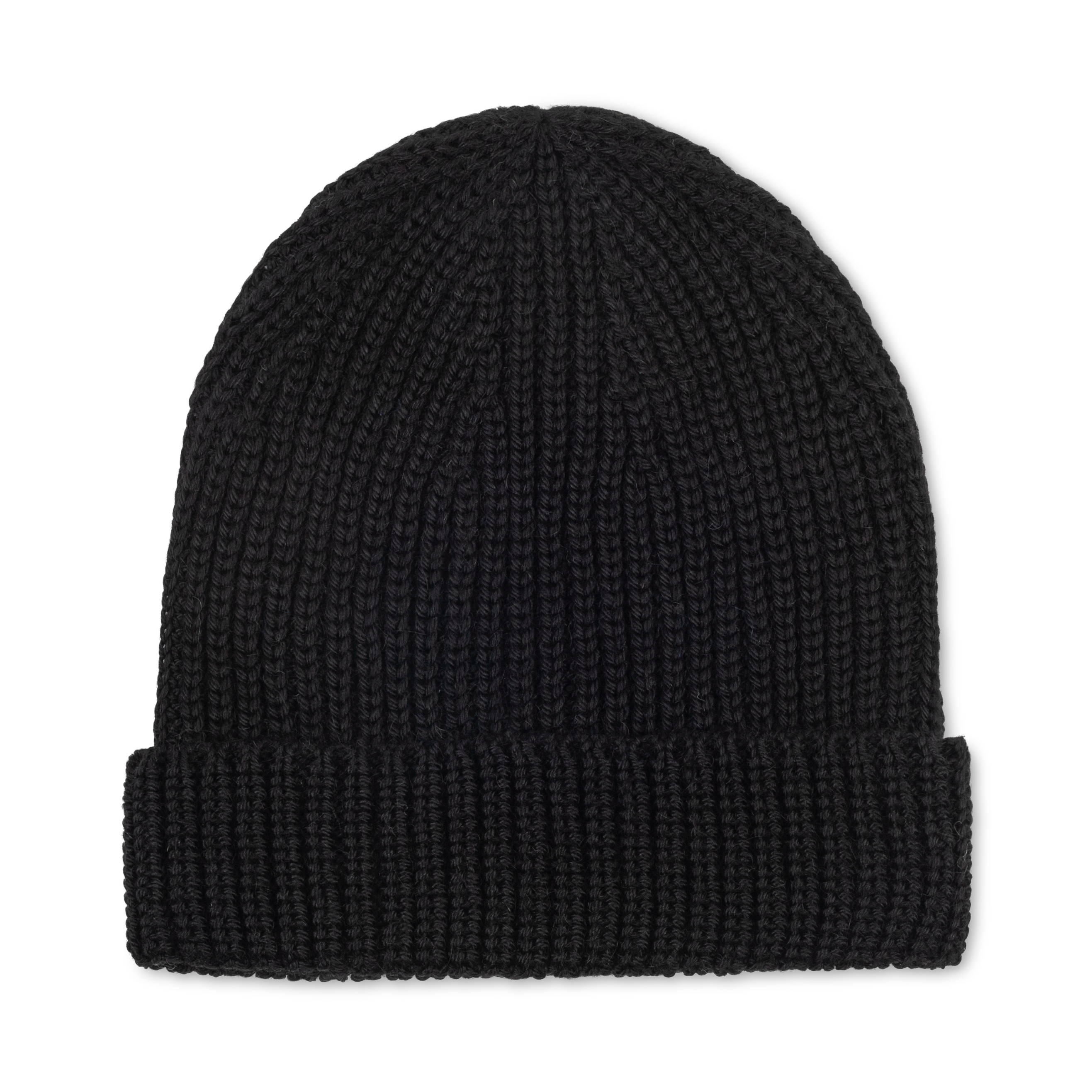 Black knit beanie on a white background