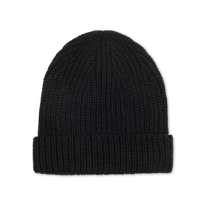 Black knit beanie on a white background