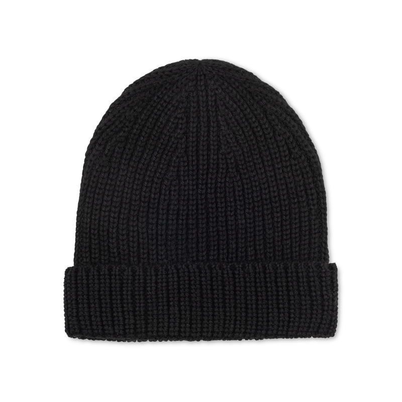 Black knit beanie on a white background
