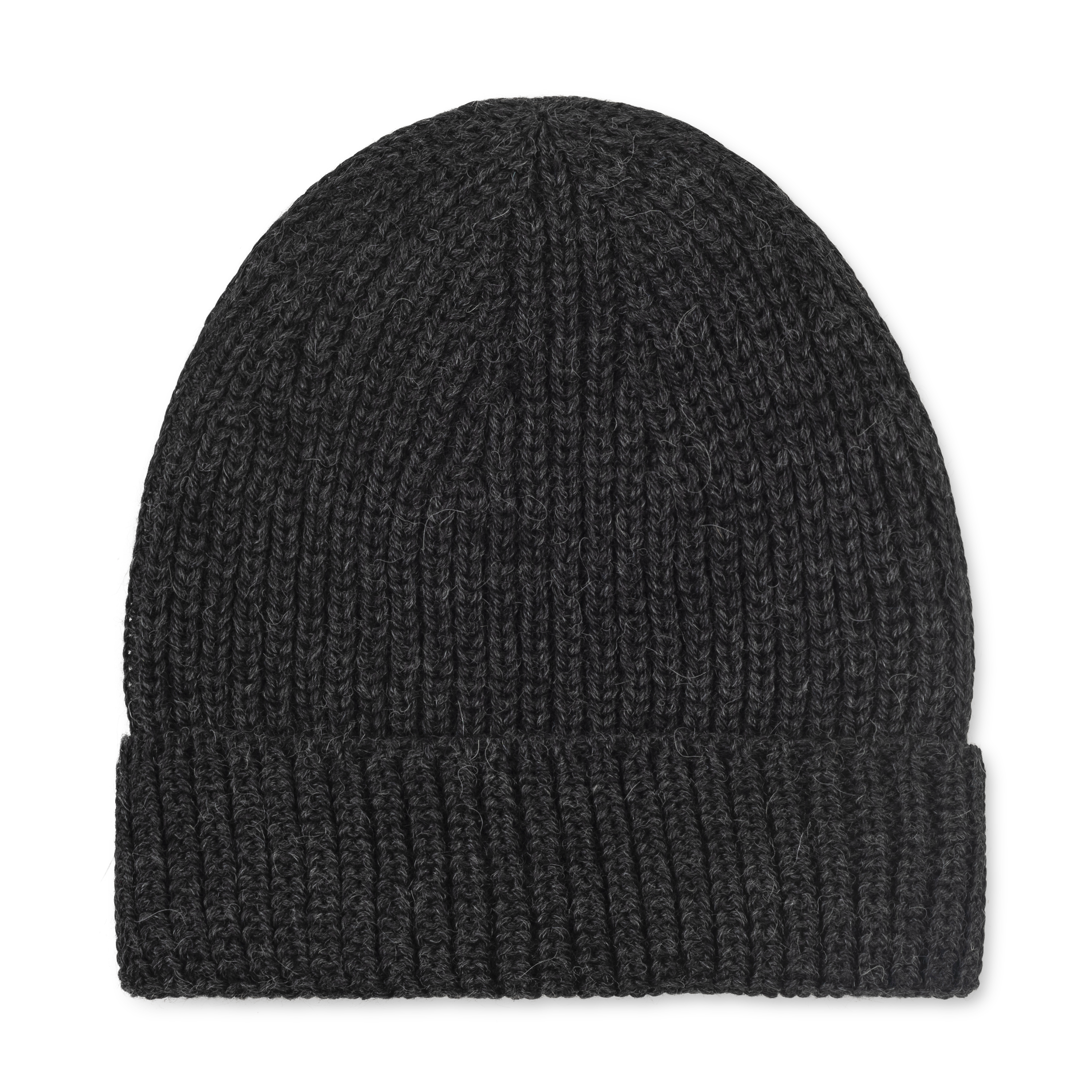 Dark gray knit beanie on a white background