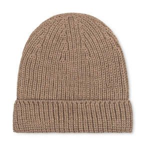 Light brown knit beanie on a white background