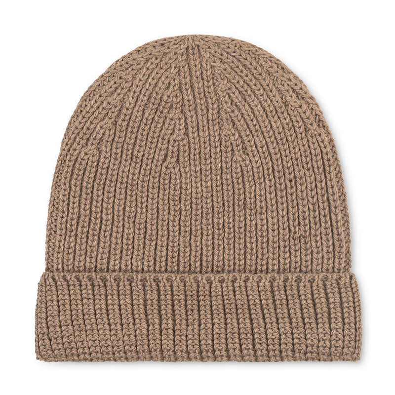 Light brown knit beanie on a white background