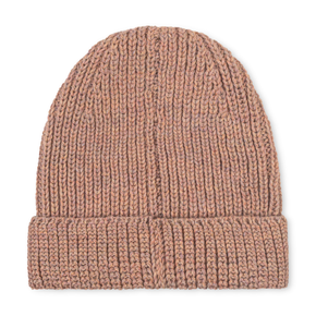 Pink knitted beanie on a white background