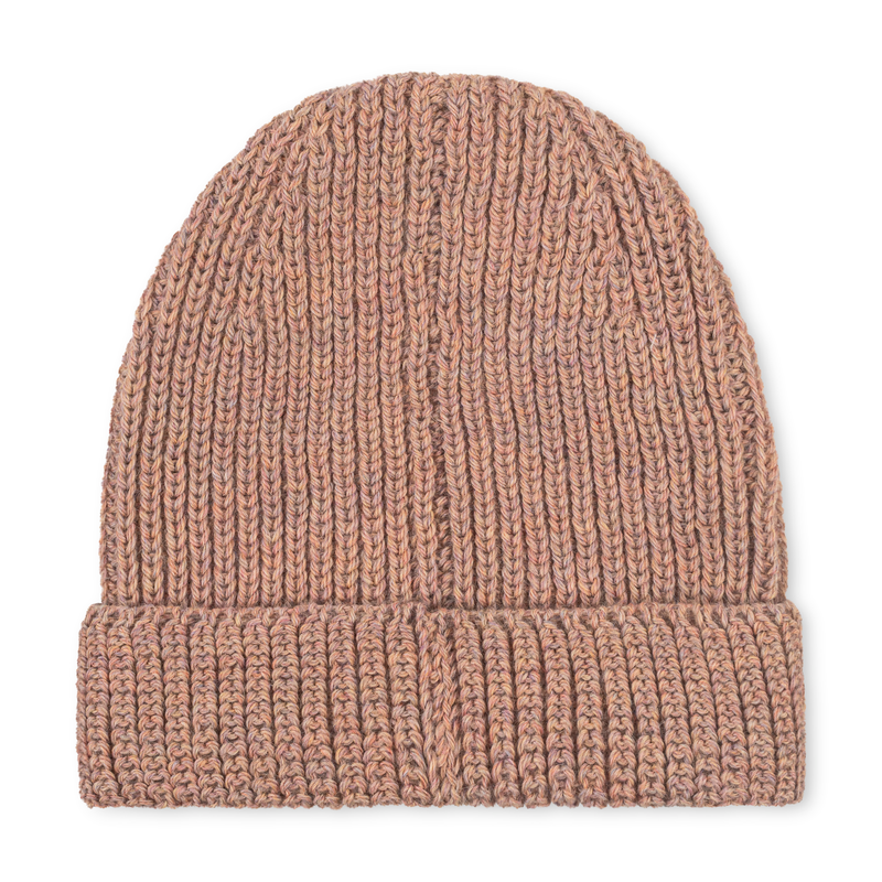 Pink knitted beanie on a white background