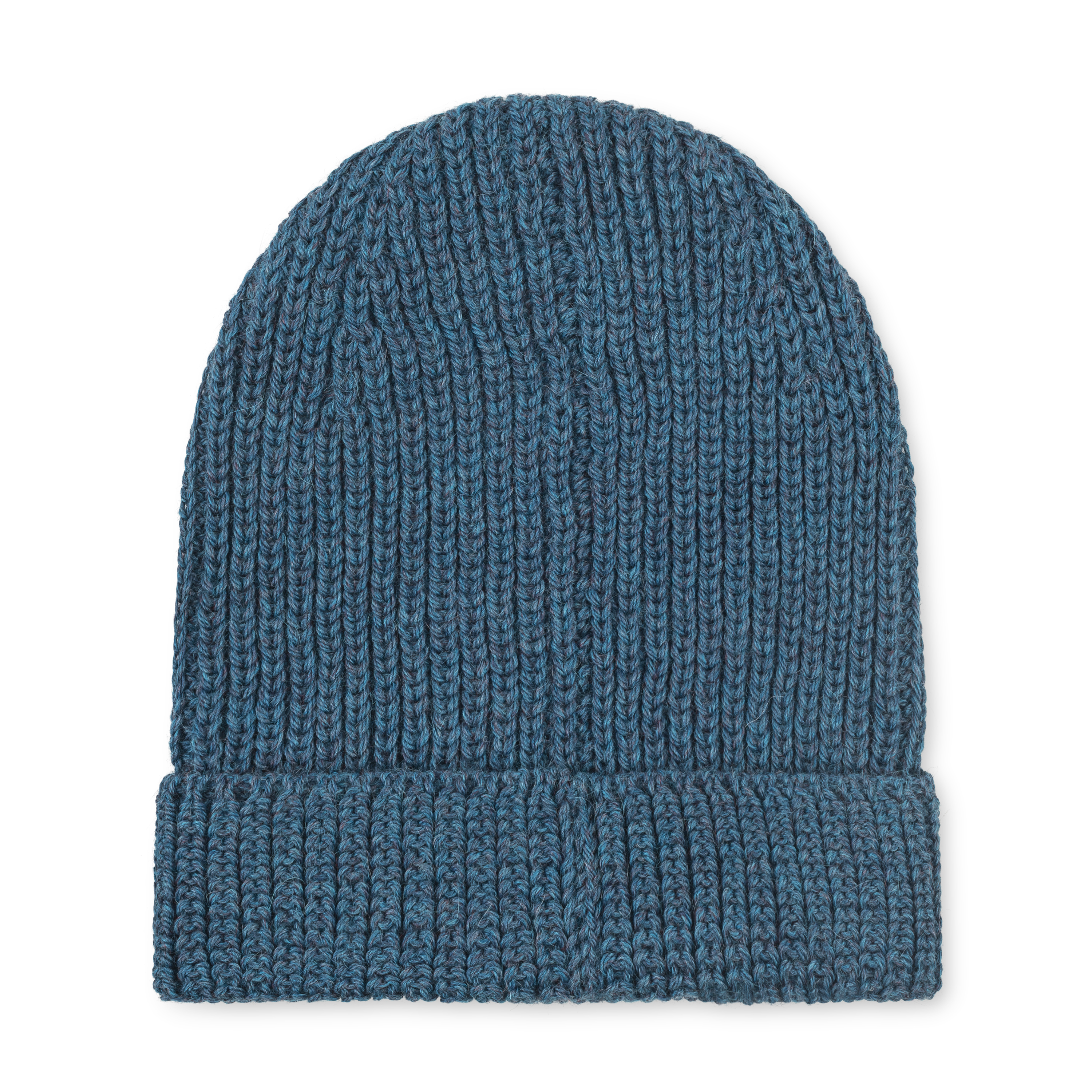 Blue knitted beanie on a white background