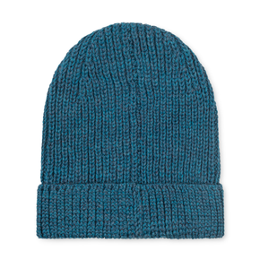 Blue knitted beanie on a white background