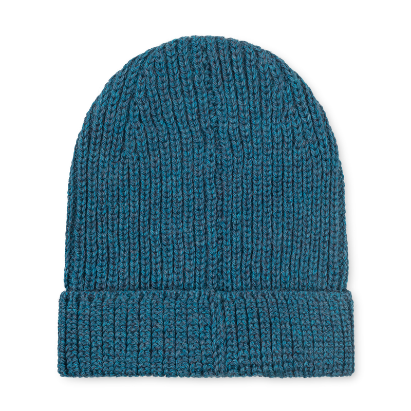 Blue knitted beanie on a white background