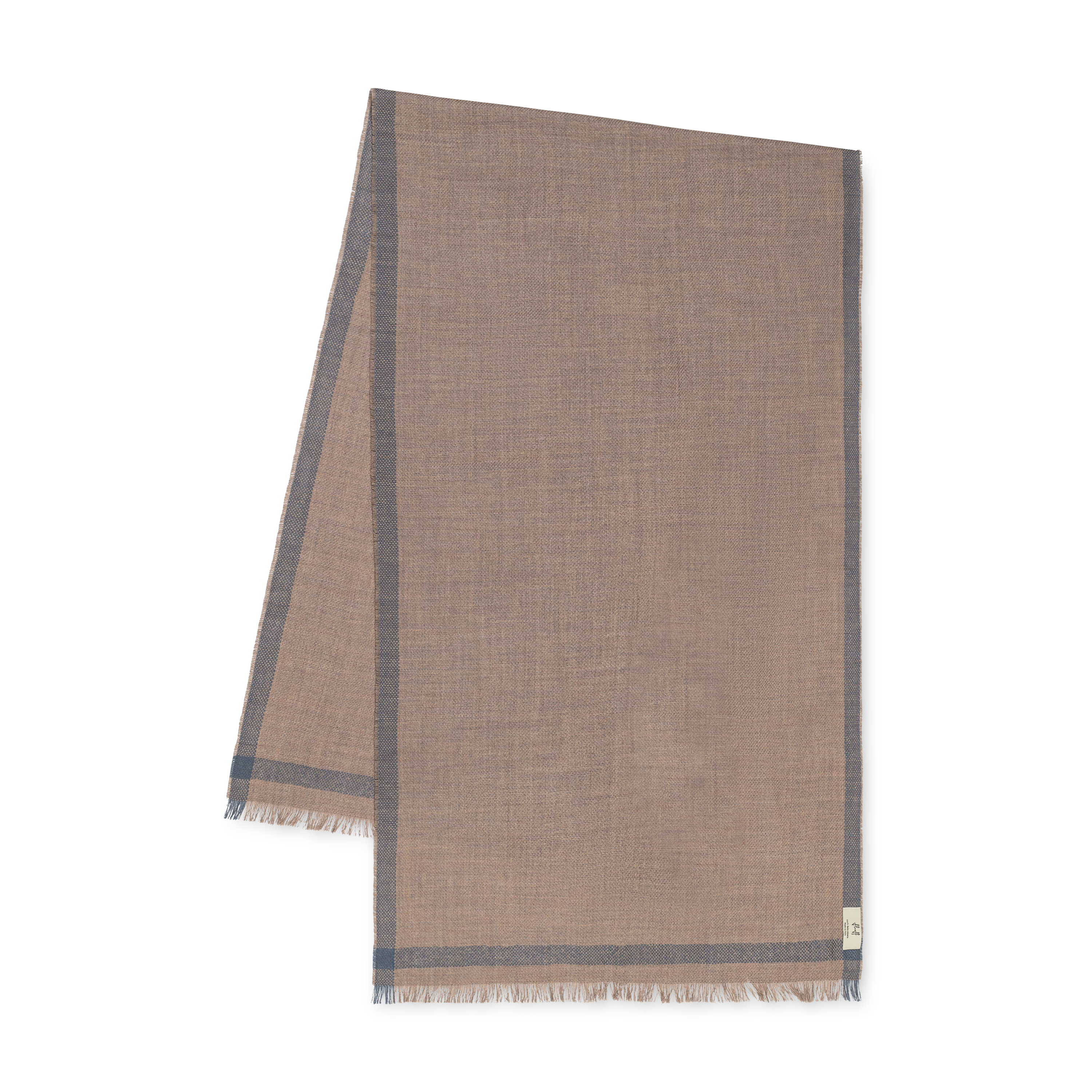 Beige woven shawl with gray border on a white background