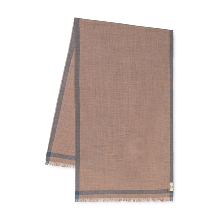 Beige woven shawl with gray border on a white background